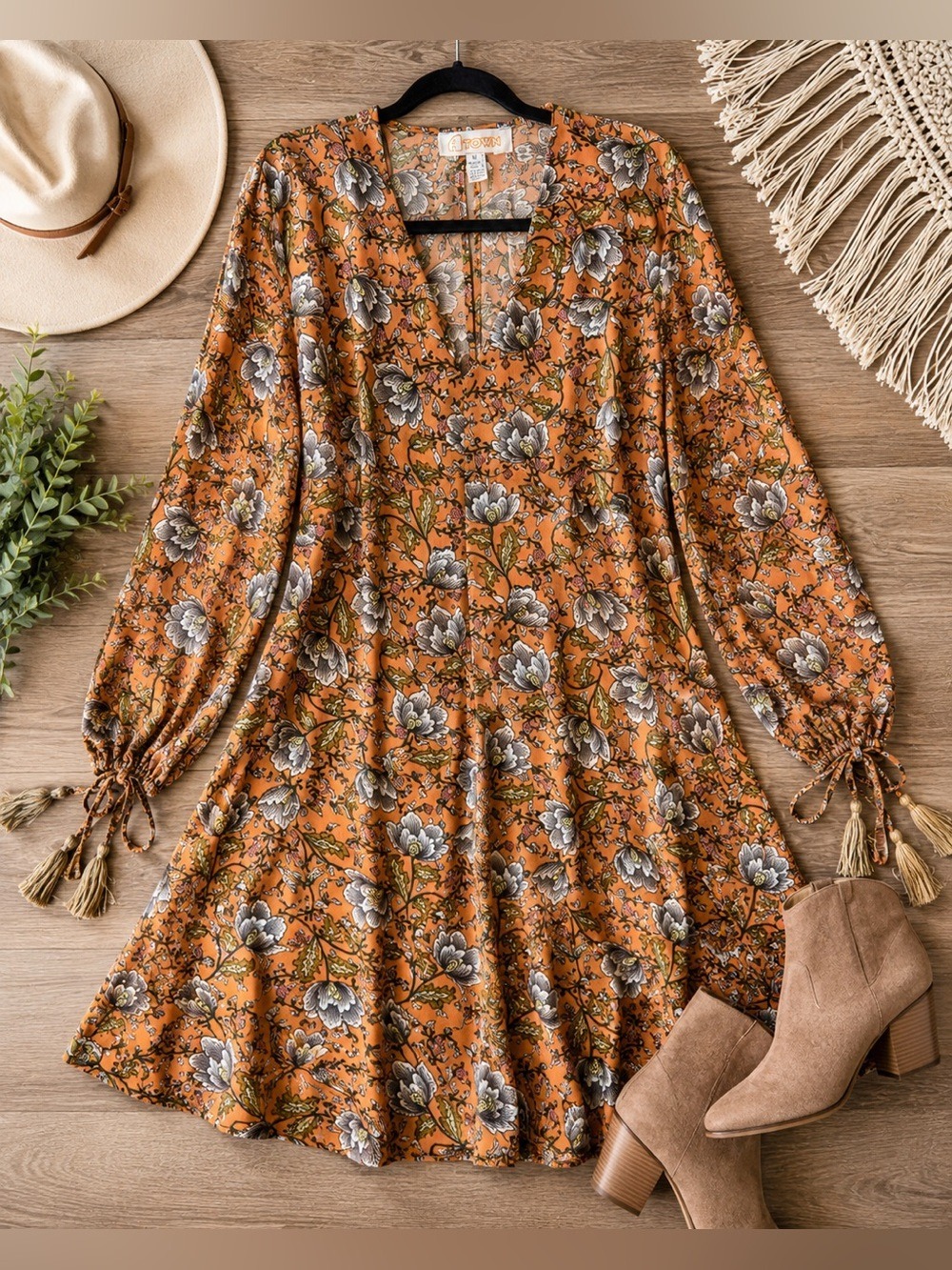 A-Town Boho Floral Mini Dress Orange Long Sleeve Tassel Sleeve Size M
